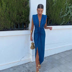 Solid Color Lace High Waist V - neck Dress - Goddess Vibes