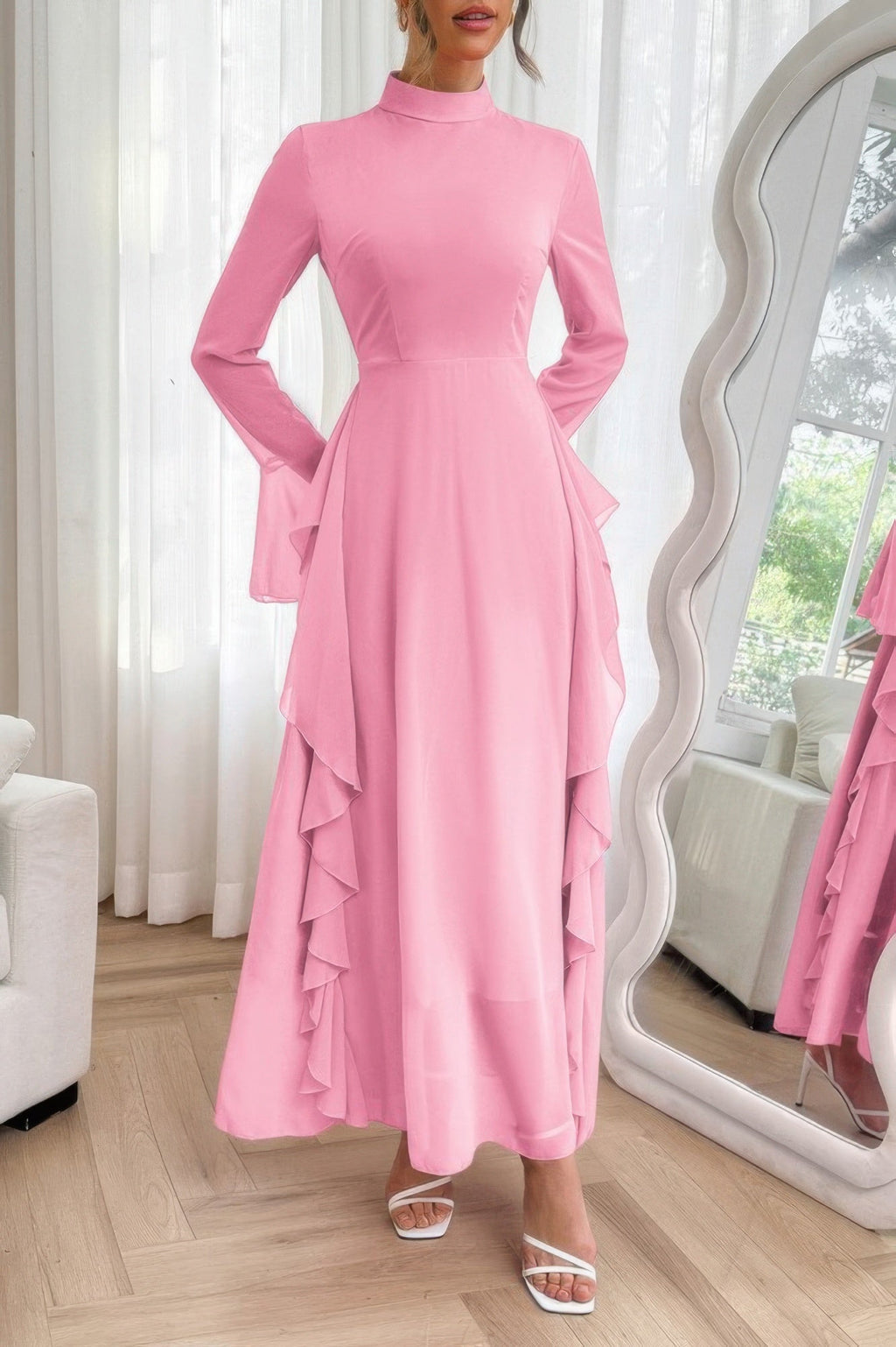 Solid Stand Collar Flare Sleeve Ruffle Full Dress - Goddess Vibes