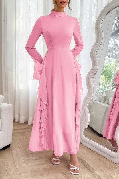 Solid Stand Collar Flare Sleeve Ruffle Full Dress - Goddess Vibes