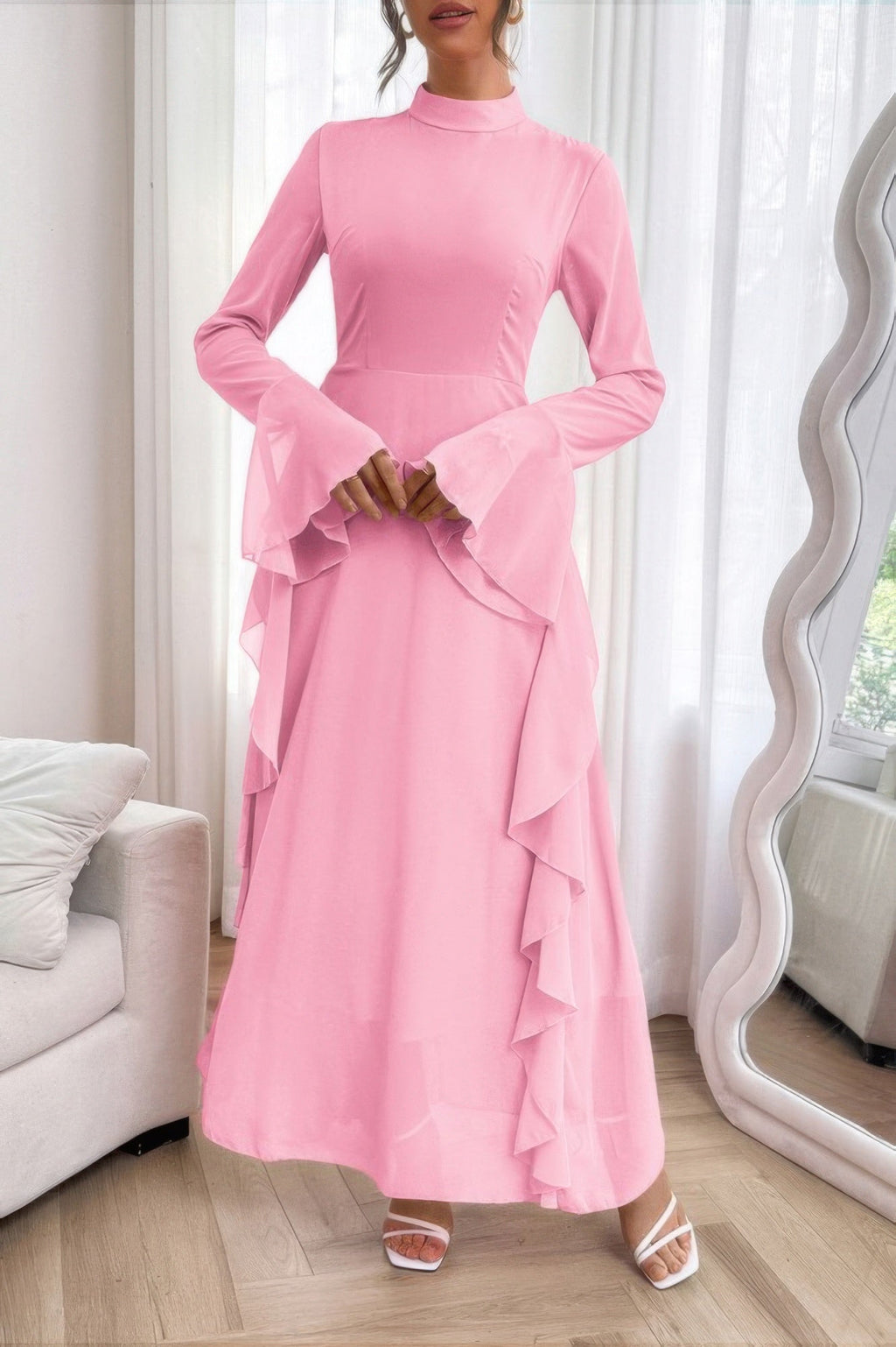 Solid Stand Collar Flare Sleeve Ruffle Full Dress - Goddess Vibes