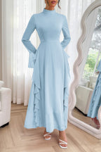 Solid Stand Collar Flare Sleeve Ruffle Full Dress - Goddess Vibes