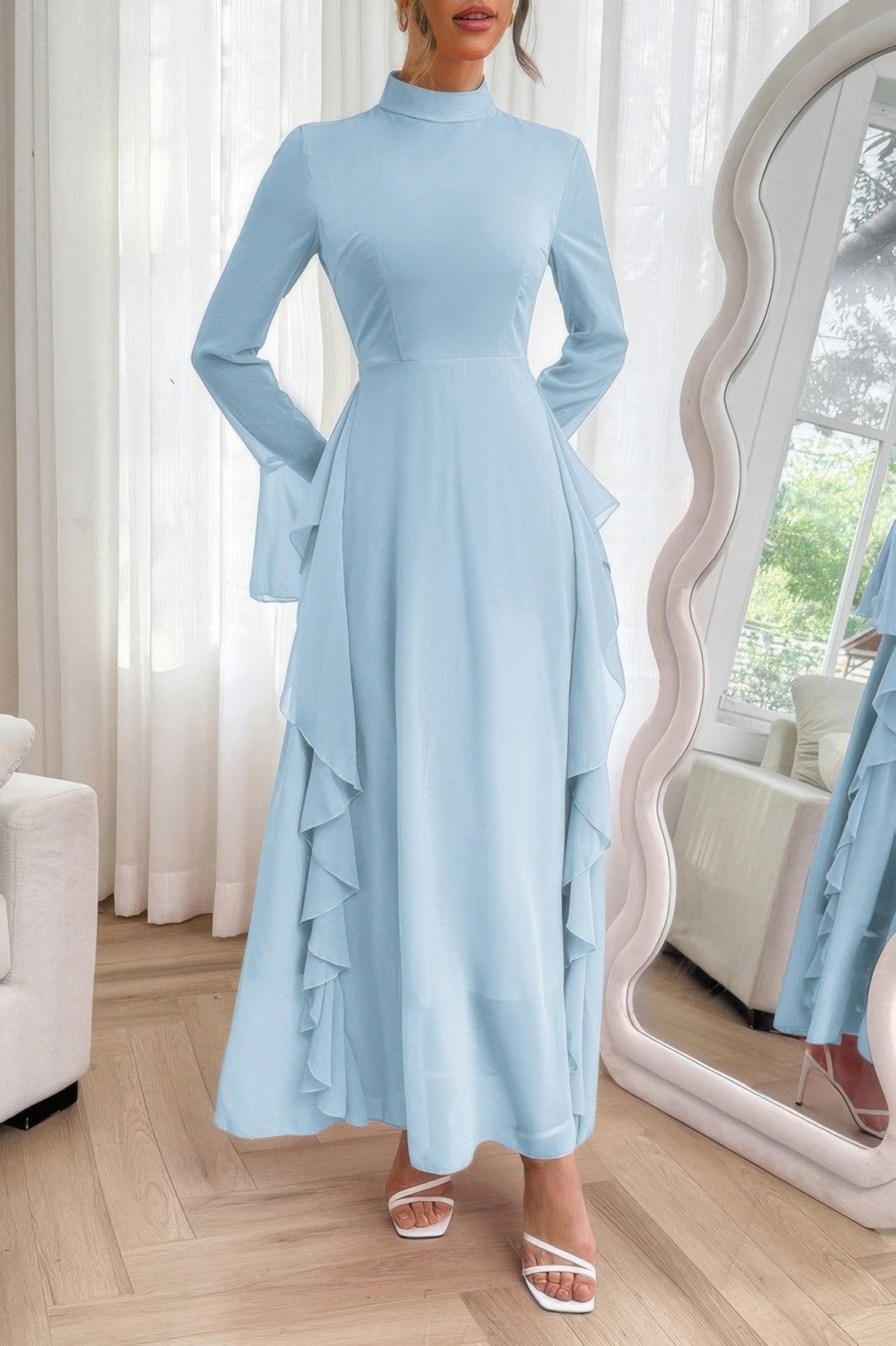Solid Stand Collar Flare Sleeve Ruffle Full Dress - Goddess Vibes