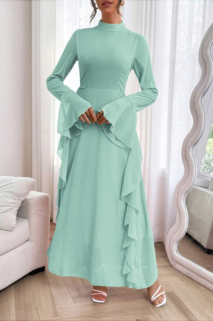 Solid Stand Collar Flare Sleeve Ruffle Full Dress - Goddess Vibes