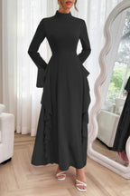Solid Stand Collar Flare Sleeve Ruffle Full Dress - Goddess Vibes