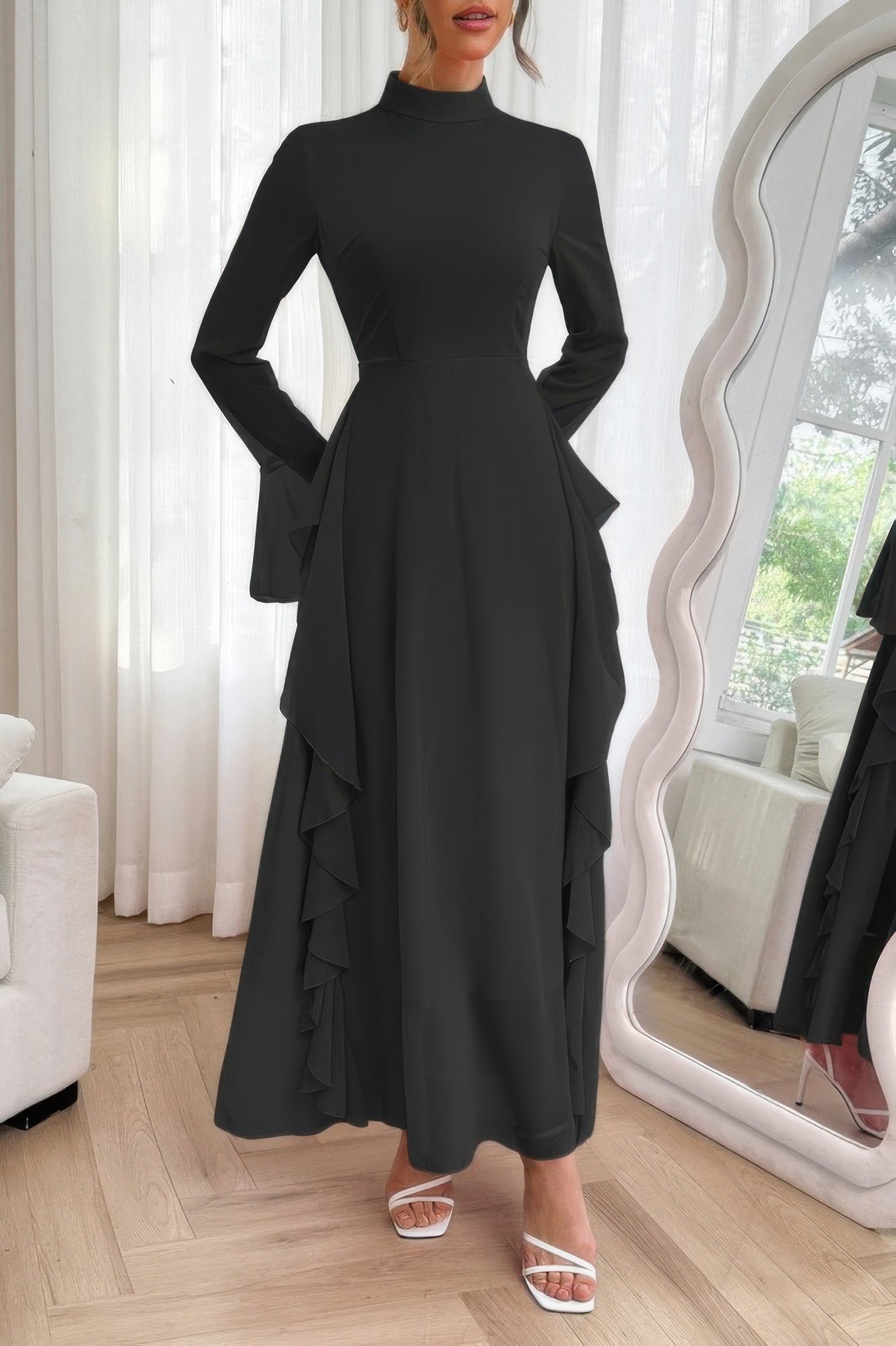 Solid Stand Collar Flare Sleeve Ruffle Full Dress - Goddess Vibes