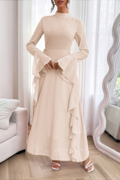 Solid Stand Collar Flare Sleeve Ruffle Full Dress - Goddess Vibes