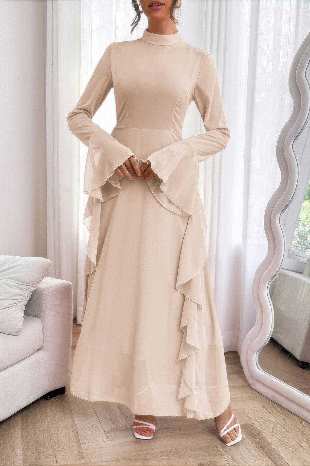 Solid Stand Collar Flare Sleeve Ruffle Full Dress - Goddess Vibes
