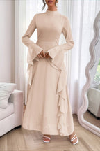 Solid Stand Collar Flare Sleeve Ruffle Full Dress - Goddess Vibes