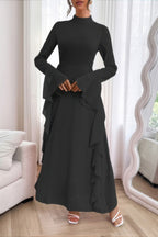 Solid Stand Collar Flare Sleeve Ruffle Full Dress - Goddess Vibes