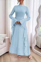 Solid Stand Collar Flare Sleeve Ruffle Full Dress - Goddess Vibes