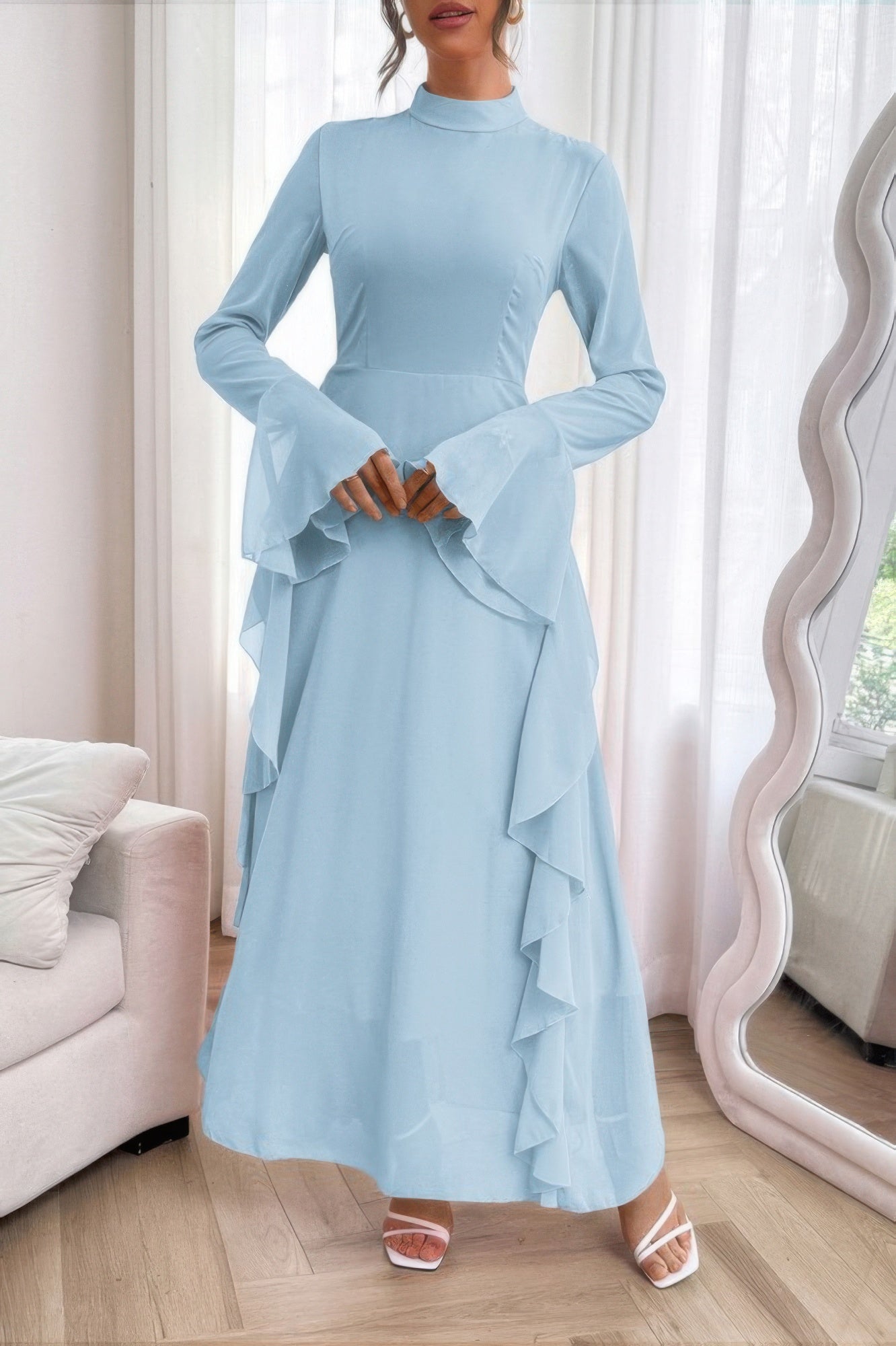 Solid Stand Collar Flare Sleeve Ruffle Full Dress - Goddess Vibes