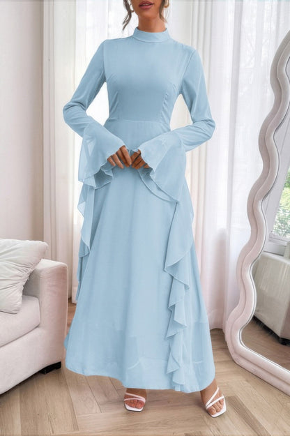 Solid Stand Collar Flare Sleeve Ruffle Full Dress - Goddess Vibes
