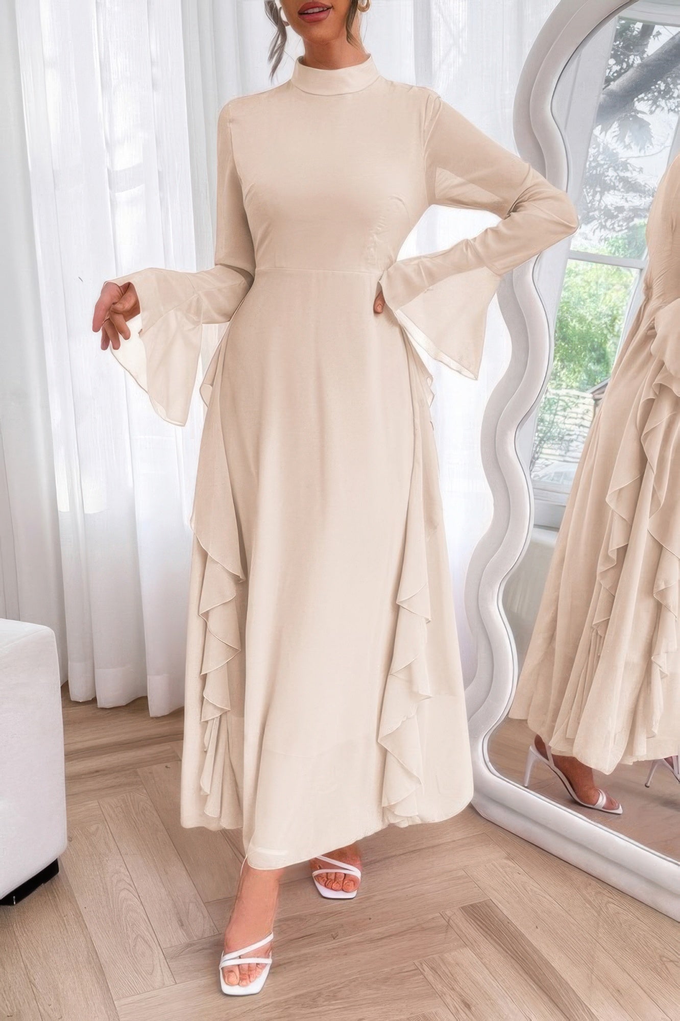 Solid Stand Collar Flare Sleeve Ruffle Full Dress - Goddess Vibes