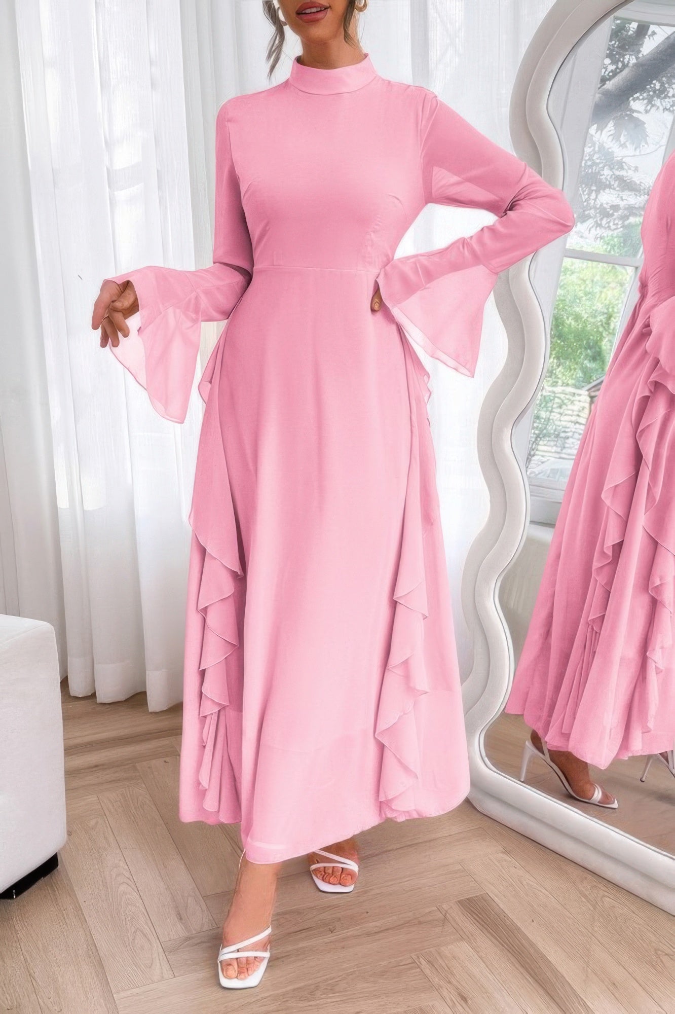 Solid Stand Collar Flare Sleeve Ruffle Full Dress - Goddess Vibes
