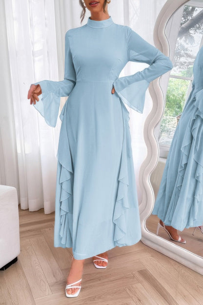 Solid Stand Collar Flare Sleeve Ruffle Full Dress - Goddess Vibes