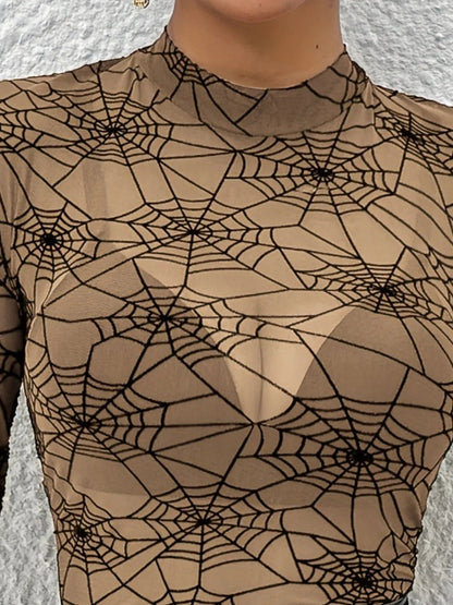 Spider Web Print Long Sleeve Blouse - Goddess Vibes