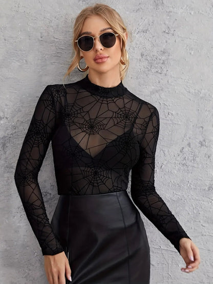 Spider Web Print Long Sleeve Blouse - Goddess Vibes