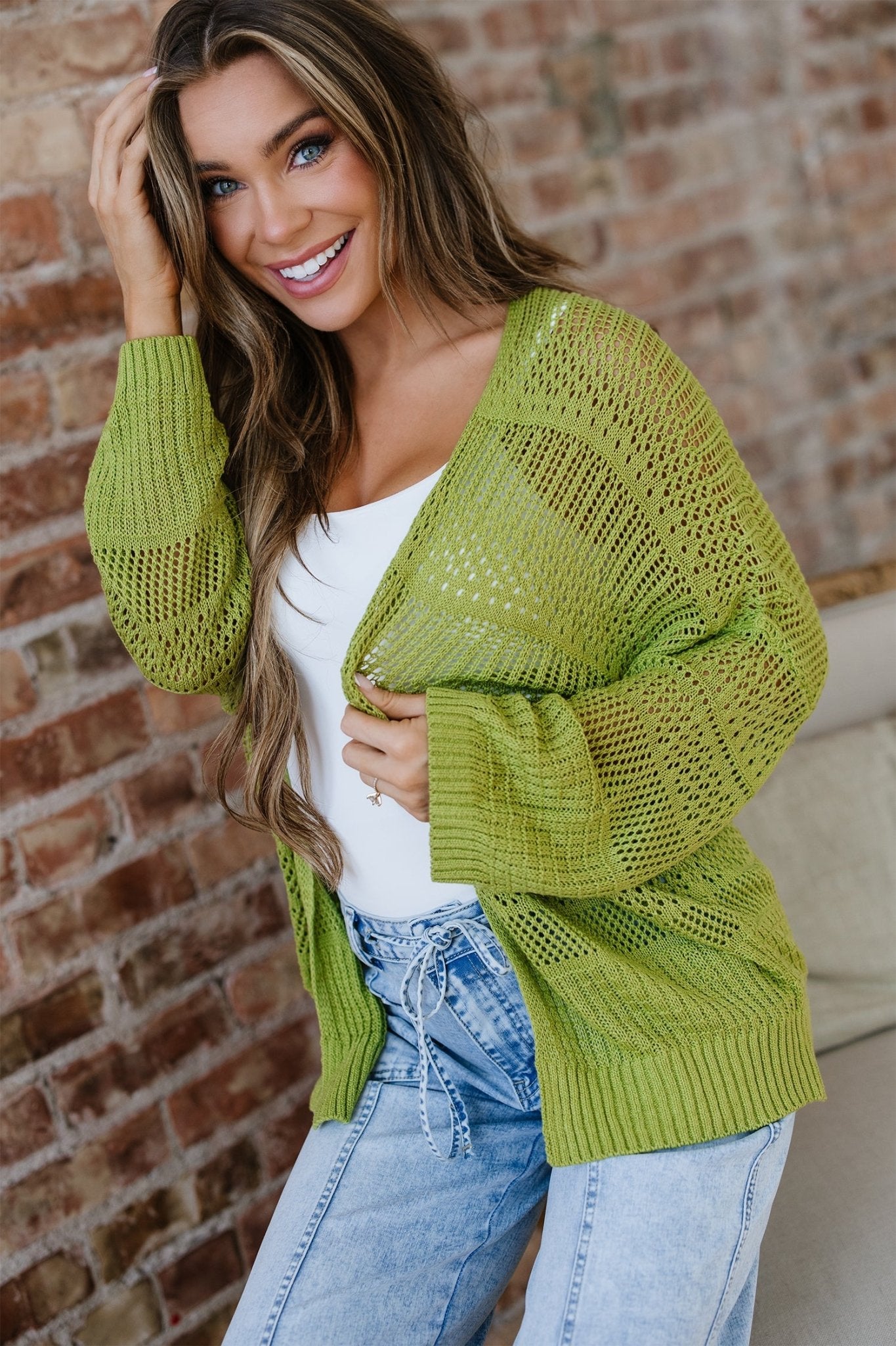 Spinach Green Oversize Crochet Knit Open Cardigan - Crowned Energy CO.