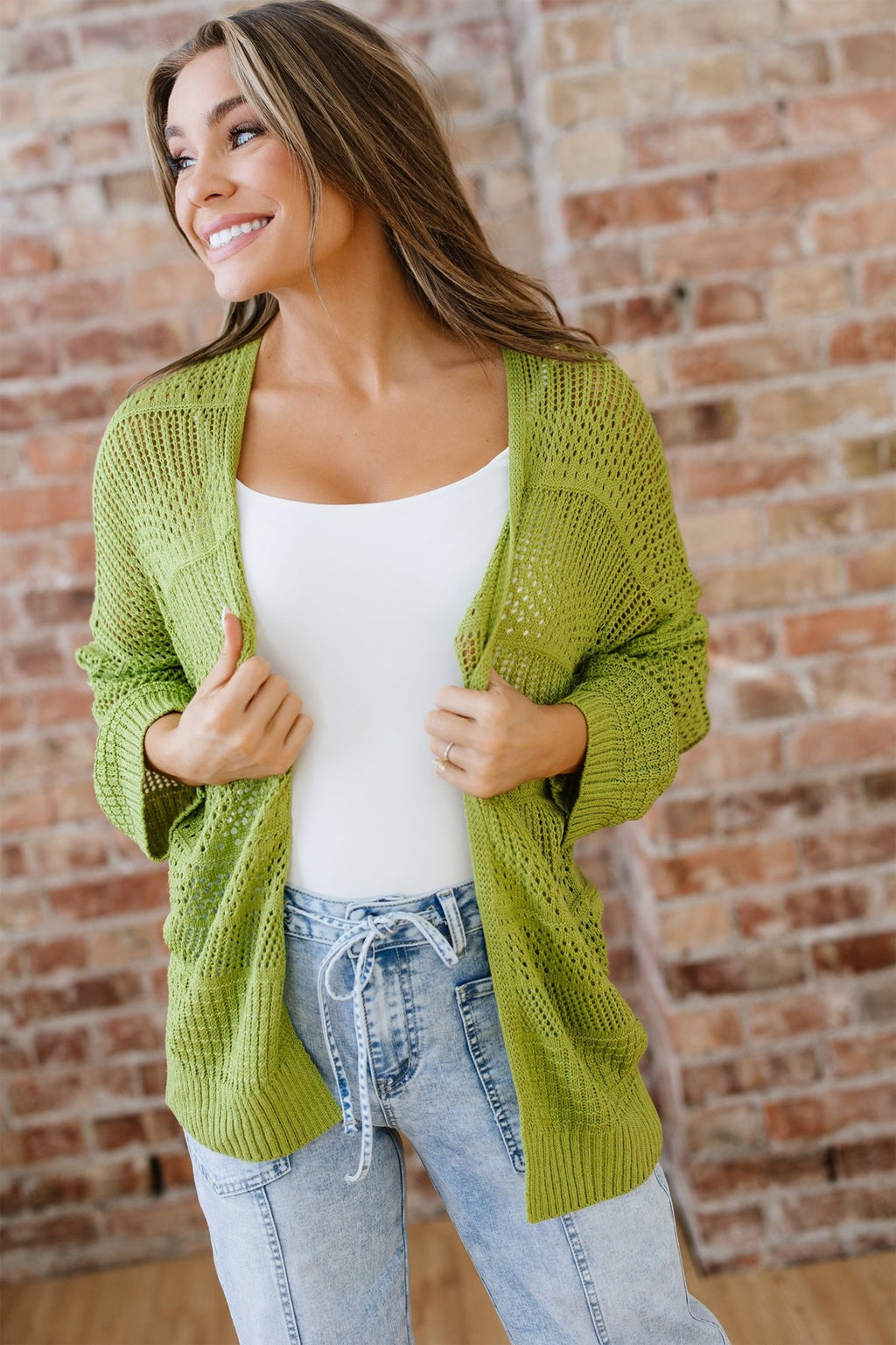 Spinach Green Oversize Crochet Knit Open Cardigan - Crowned Energy CO.