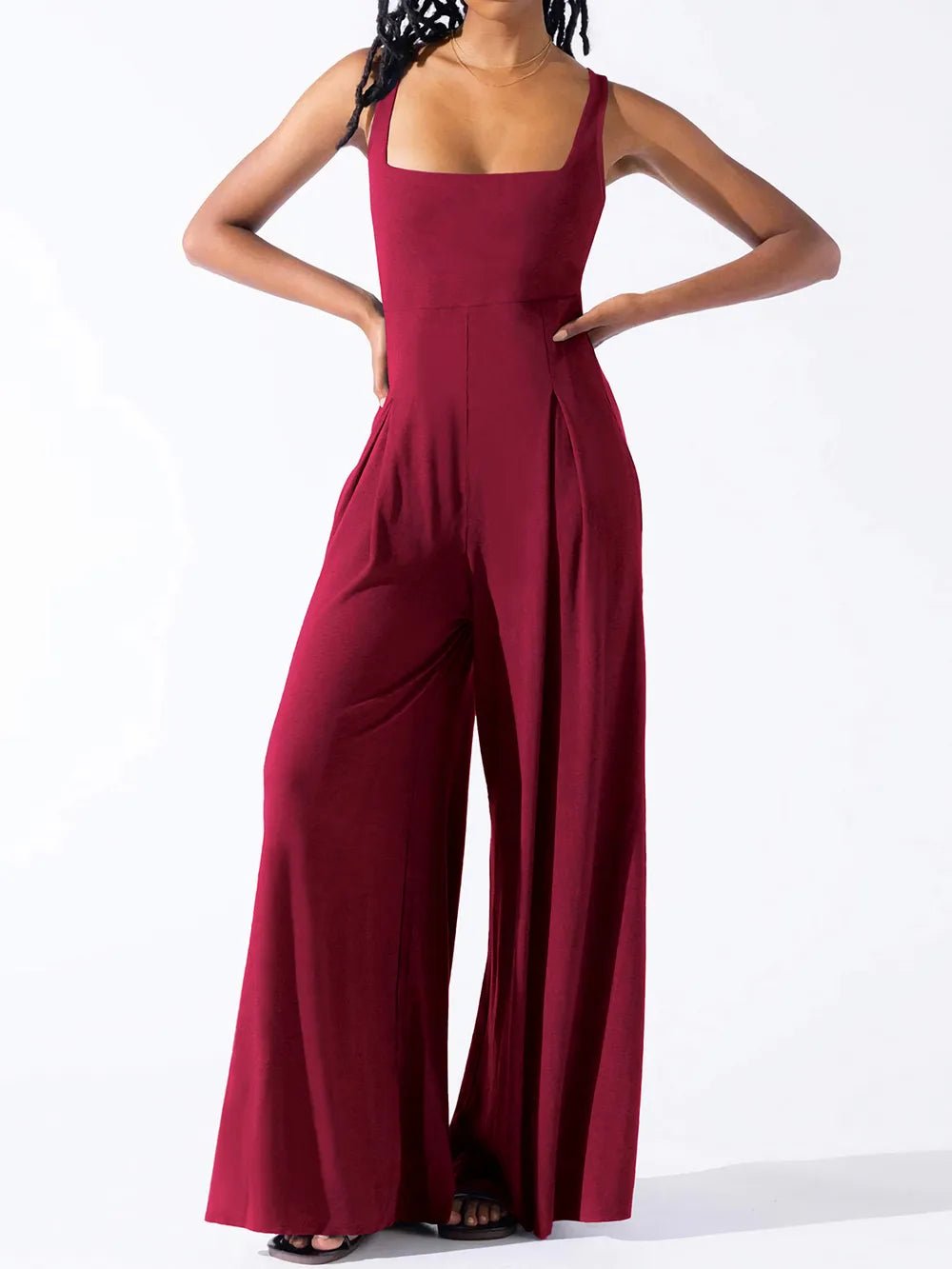 Square Neck Wide Strap Jumpsuit - Crowned Energy CO.