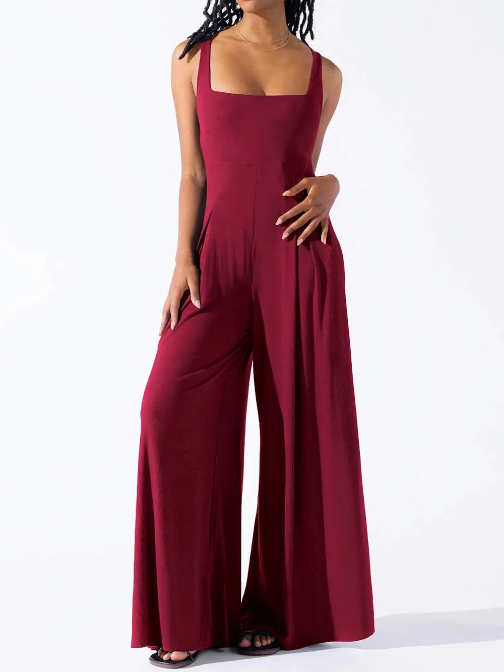 Square Neck Wide Strap Jumpsuit - Crowned Energy CO.