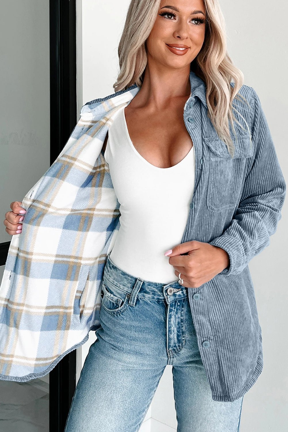 Stone Blue Plaid Corduroy Reversible Button Up Shacket - Crowned Energy CO.