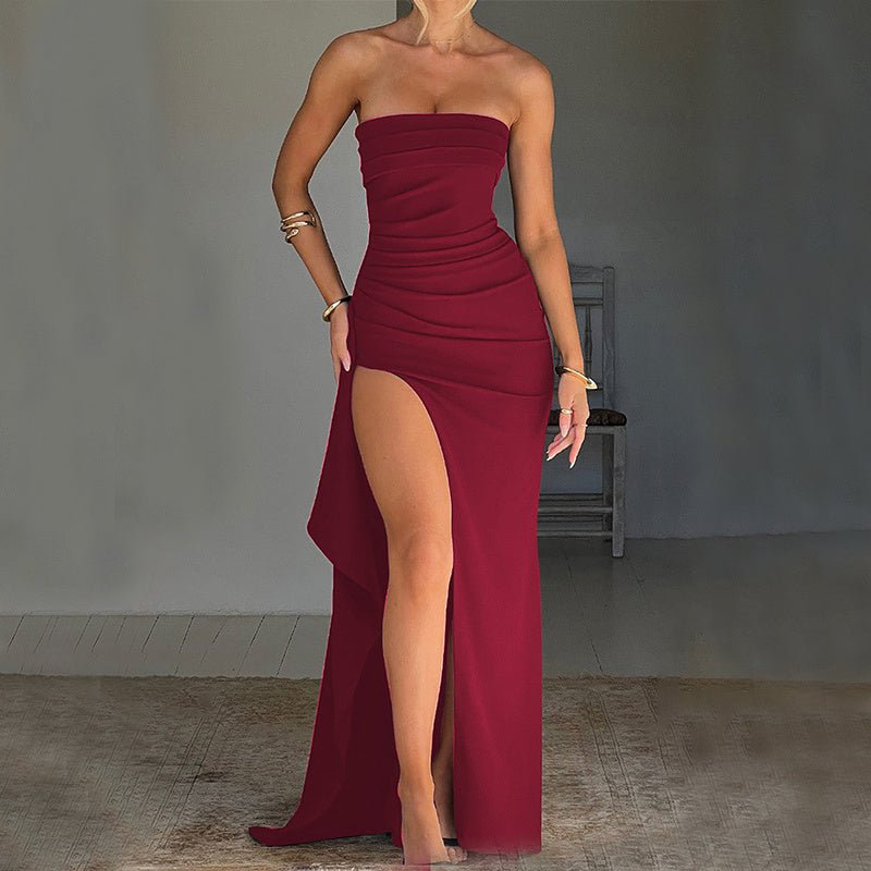 Crowned Energy CO. Wine Red / XXS Goddess Vibes Dresses Strapless Split Long Dress Summer Fashion Pleated Bridesmaid Dress For Womens Party Wedding Clothing