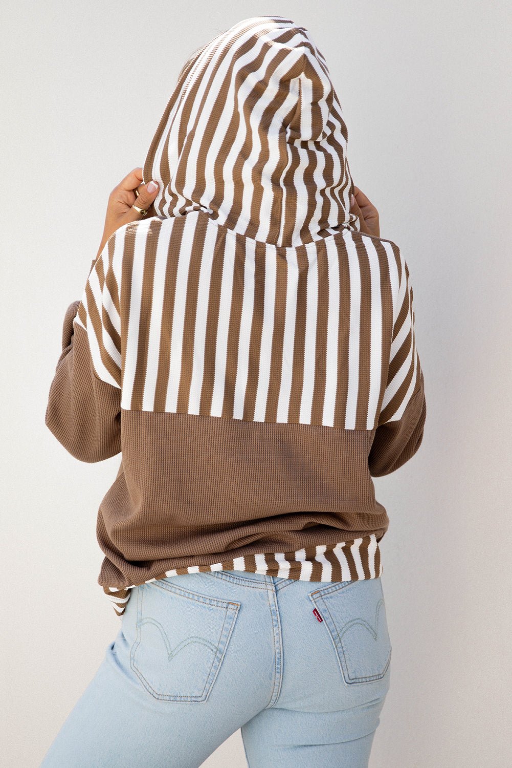 Crowned Energy CO. Straw Yellow / S / 75%Polyester+25%Cotton Dear-Lover Dropshipping Tops/Long Sleeve Tops Straw Yellow Waffle Texture Striped Patchwork Button Neck Drawstring Hoodie