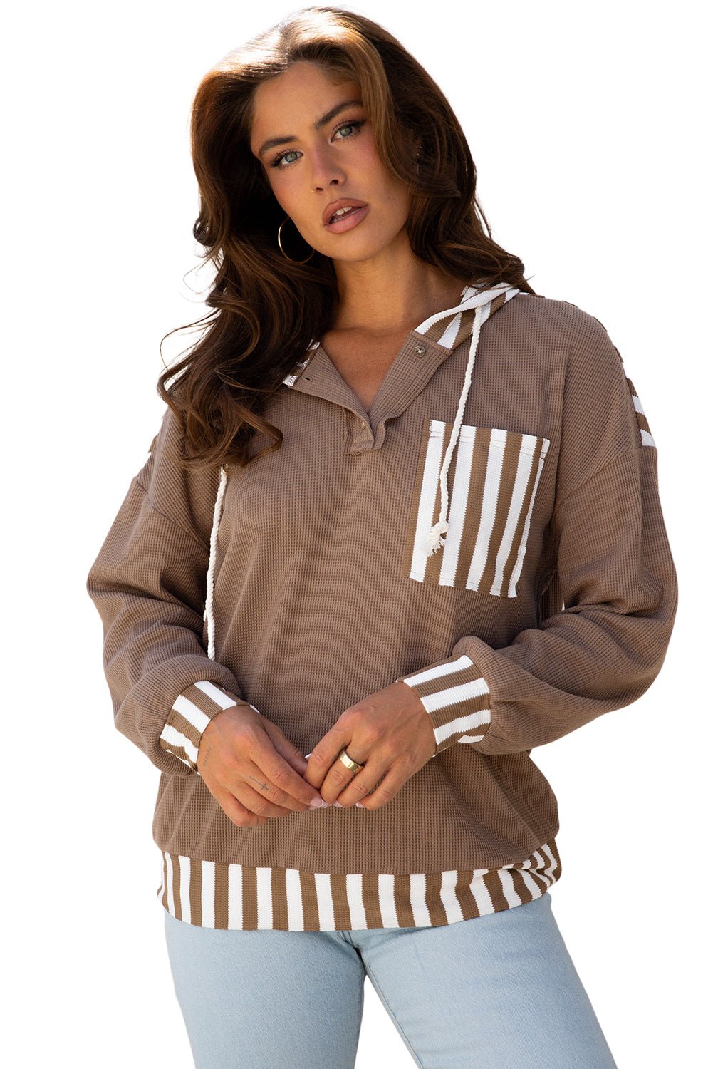 Straw Yellow Waffle Texture Striped Patchwork Button Neck Drawstring Hoodie - Goddess Vibes