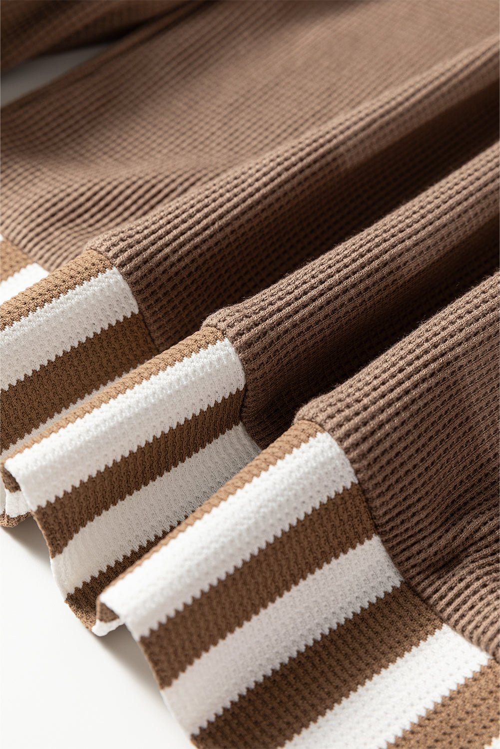 Straw Yellow Waffle Texture Striped Patchwork Button Neck Drawstring Hoodie - Goddess Vibes