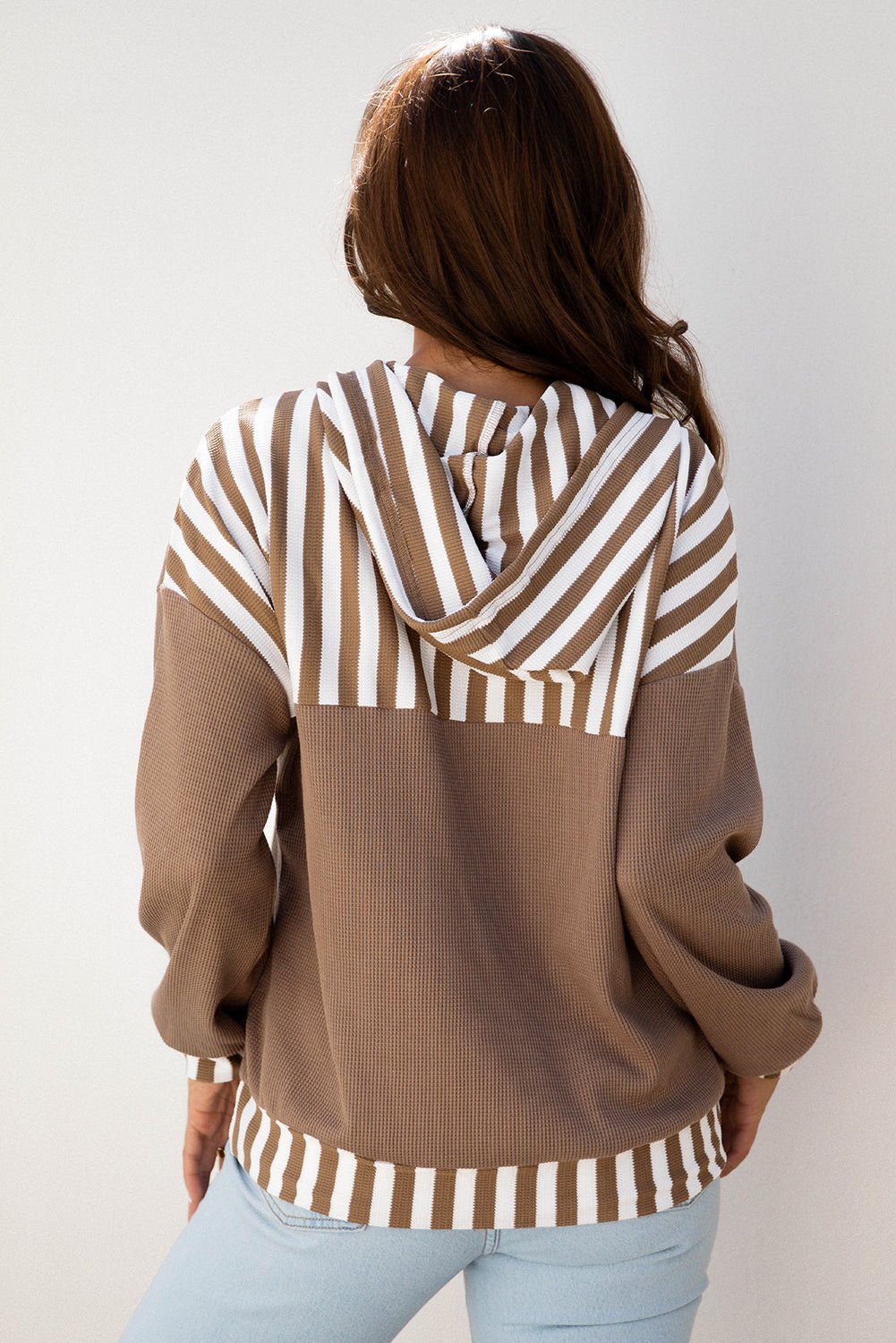Crowned Energy CO. Straw Yellow / S / 75%Polyester+25%Cotton Dear-Lover Dropshipping Tops/Long Sleeve Tops Straw Yellow Waffle Texture Striped Patchwork Button Neck Drawstring Hoodie