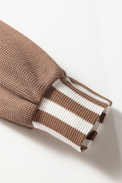 Straw Yellow Waffle Texture Striped Patchwork Button Neck Drawstring Hoodie - Goddess Vibes