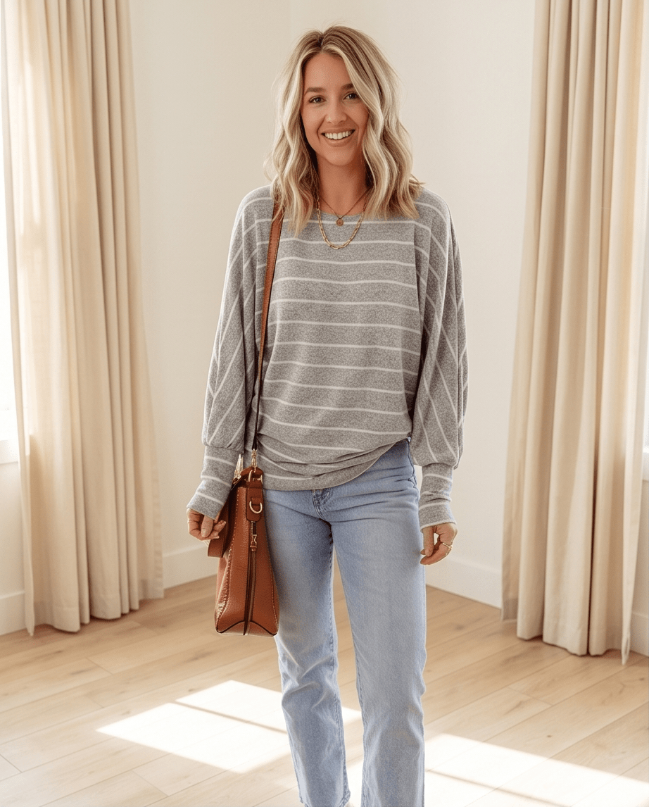Striped Dolman Sleeve Knit Top With Drop Shoulders - Crowned Energy CO.