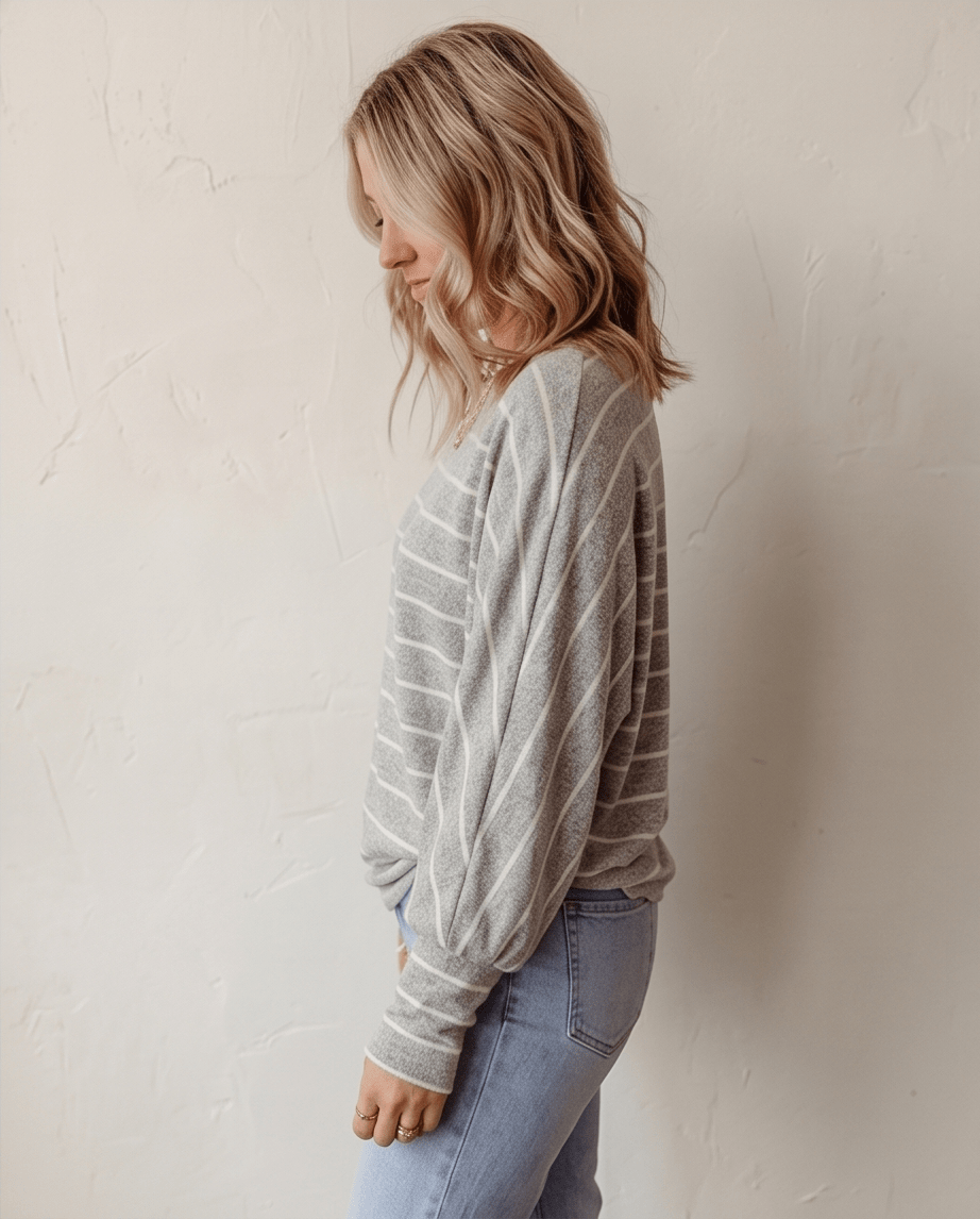 Striped Dolman Sleeve Knit Top With Drop Shoulders - Crowned Energy CO.