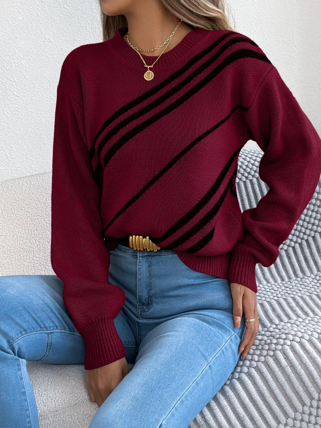 Striped Pattern Casual Round Neck Sweater - Crowned Energy CO.