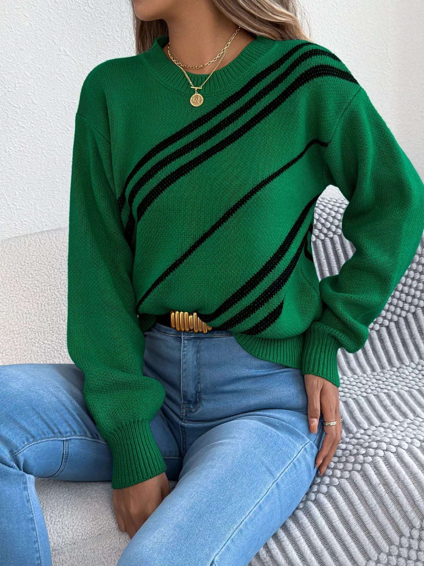 Striped Pattern Casual Round Neck Sweater - Crowned Energy CO.