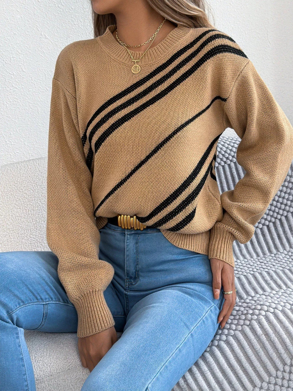 Striped Pattern Casual Round Neck Sweater - Crowned Energy CO.