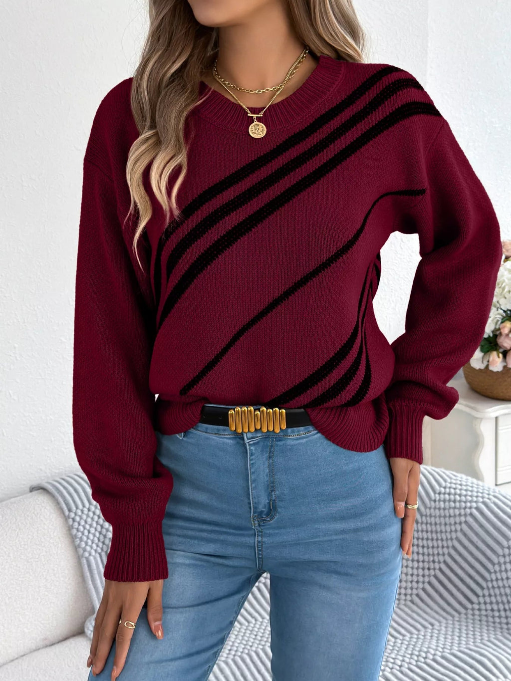 Striped Pattern Casual Round Neck Sweater - Crowned Energy CO.