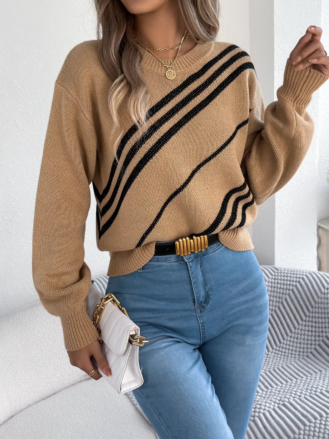 Striped Pattern Casual Round Neck Sweater - Crowned Energy CO.
