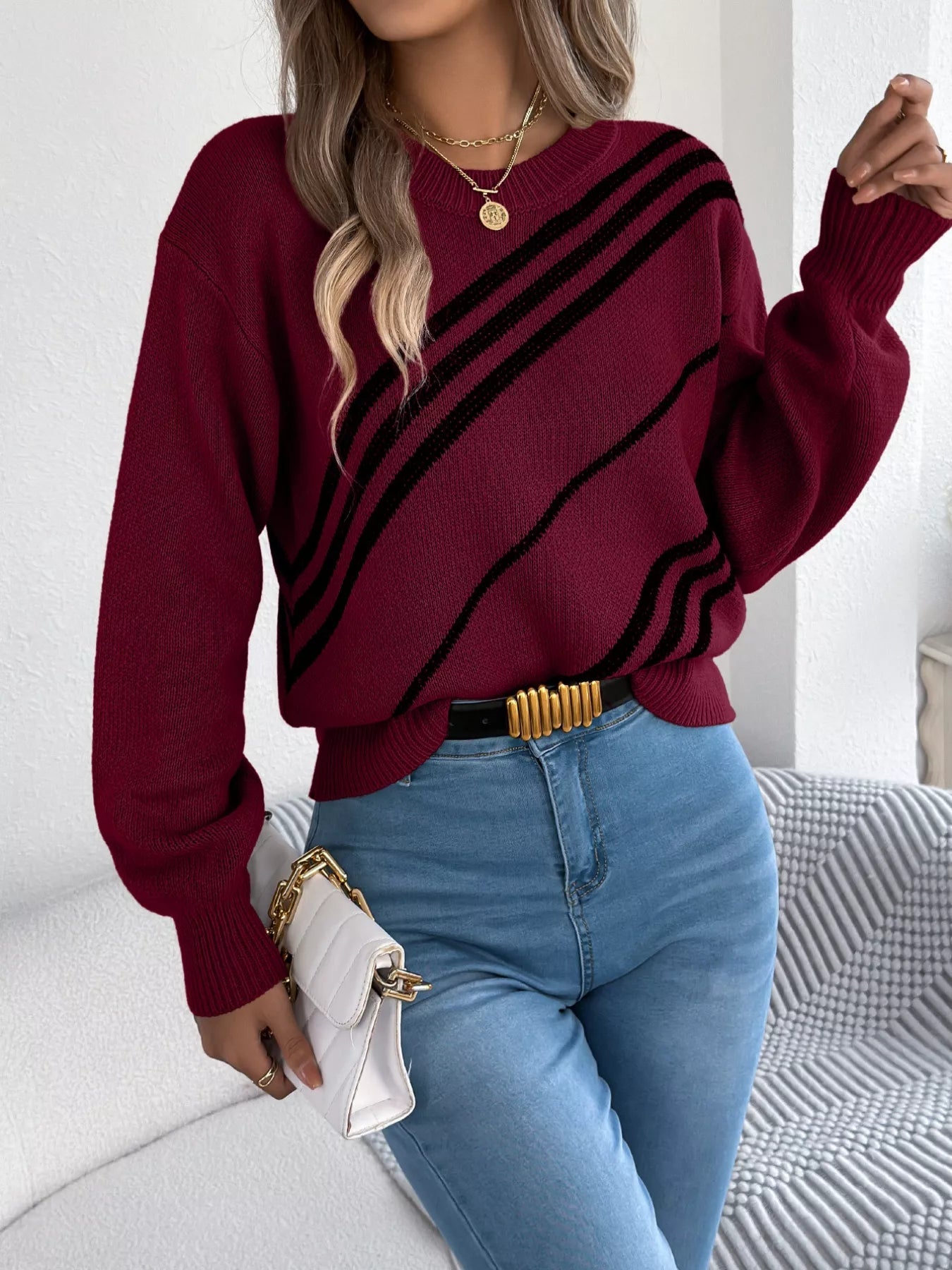 Striped Pattern Casual Round Neck Sweater - Crowned Energy CO.