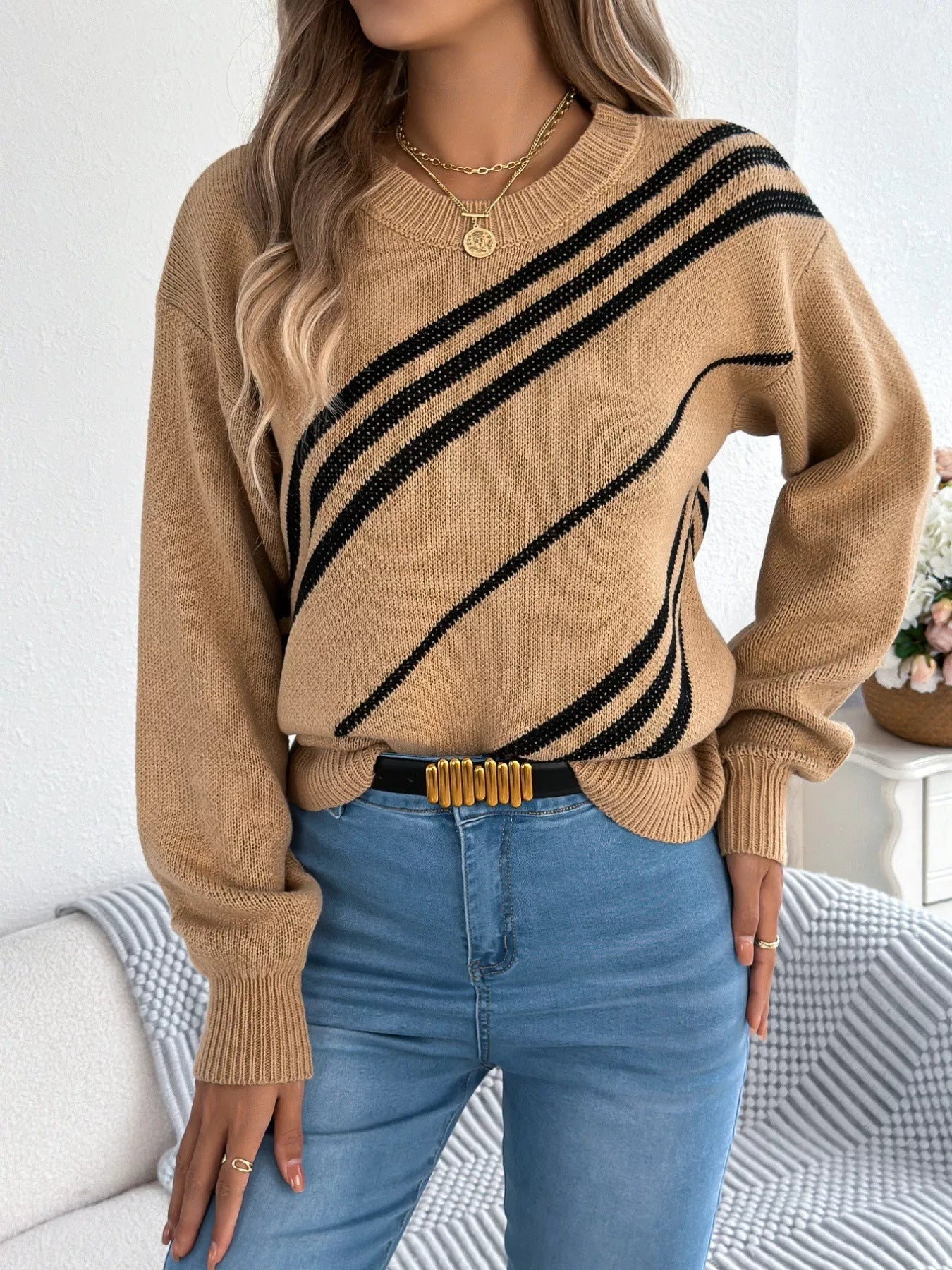 Striped Pattern Casual Round Neck Sweater - Crowned Energy CO.
