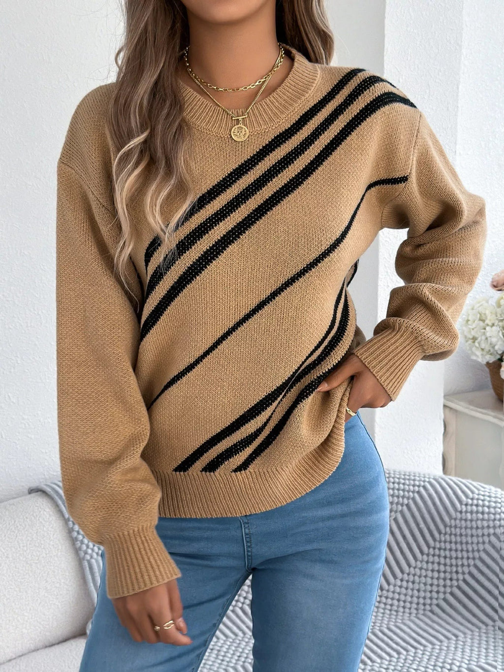 Striped Pattern Casual Round Neck Sweater - Crowned Energy CO.