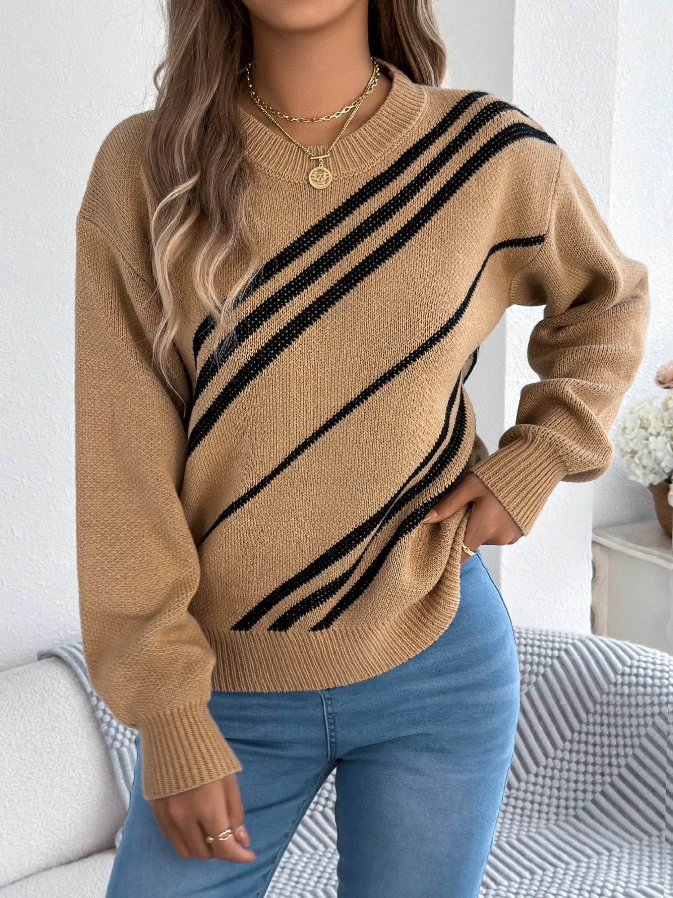Striped Pattern Casual Round Neck Sweater - Crowned Energy CO.