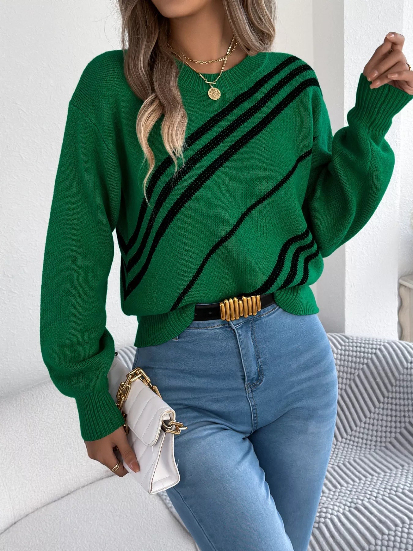 Striped Pattern Casual Round Neck Sweater - Crowned Energy CO.