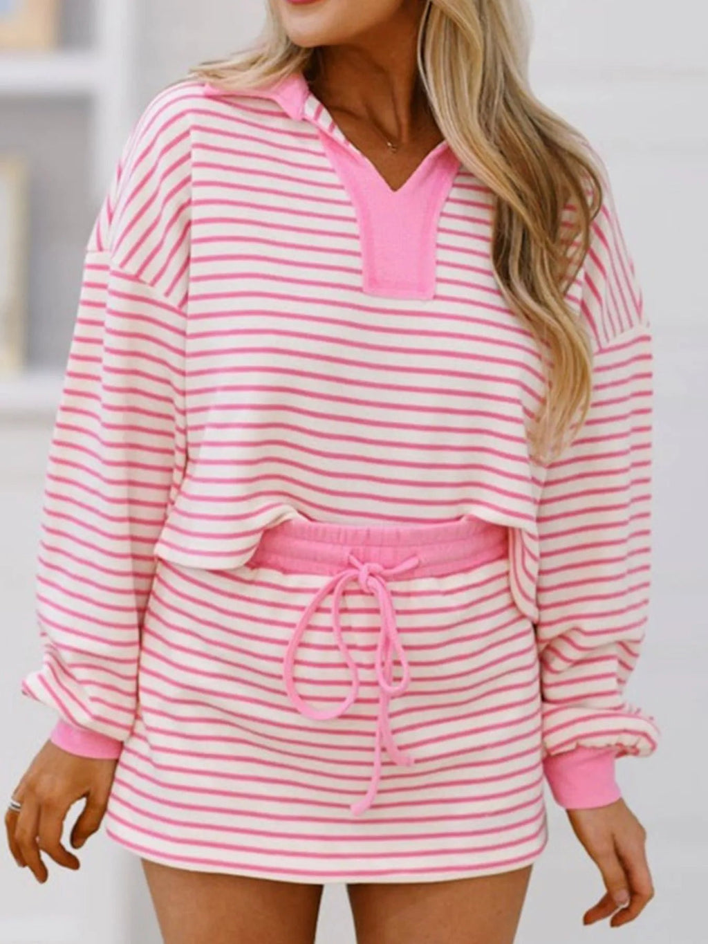 Crowned Energy CO. Pink / S Trendsi OUTFIT SET Striped Top and Skirt Set with Drawstring