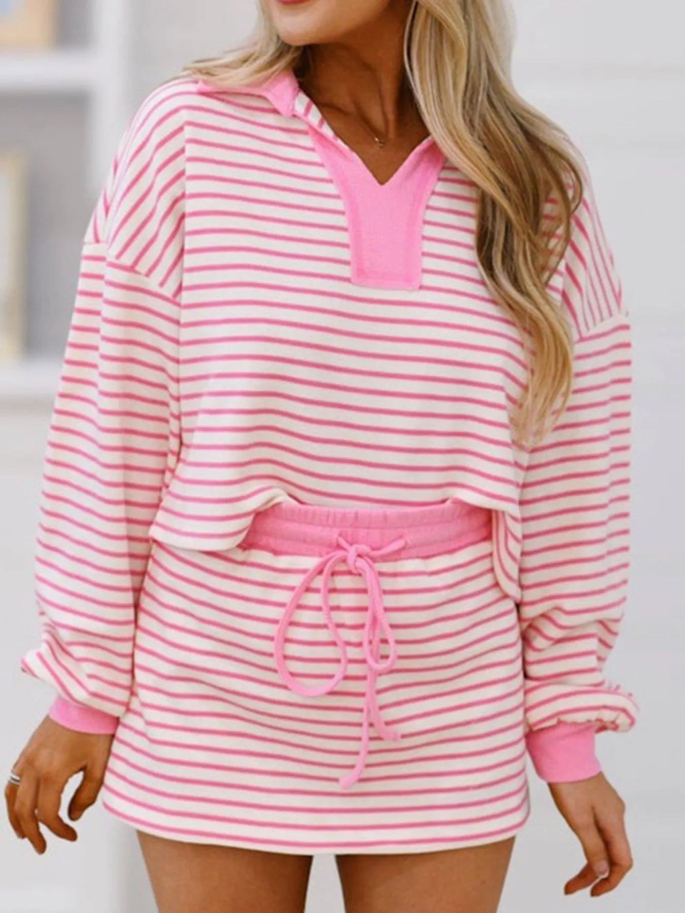 Crowned Energy CO. Pink / S Trendsi OUTFIT SET Striped Top and Skirt Set with Drawstring