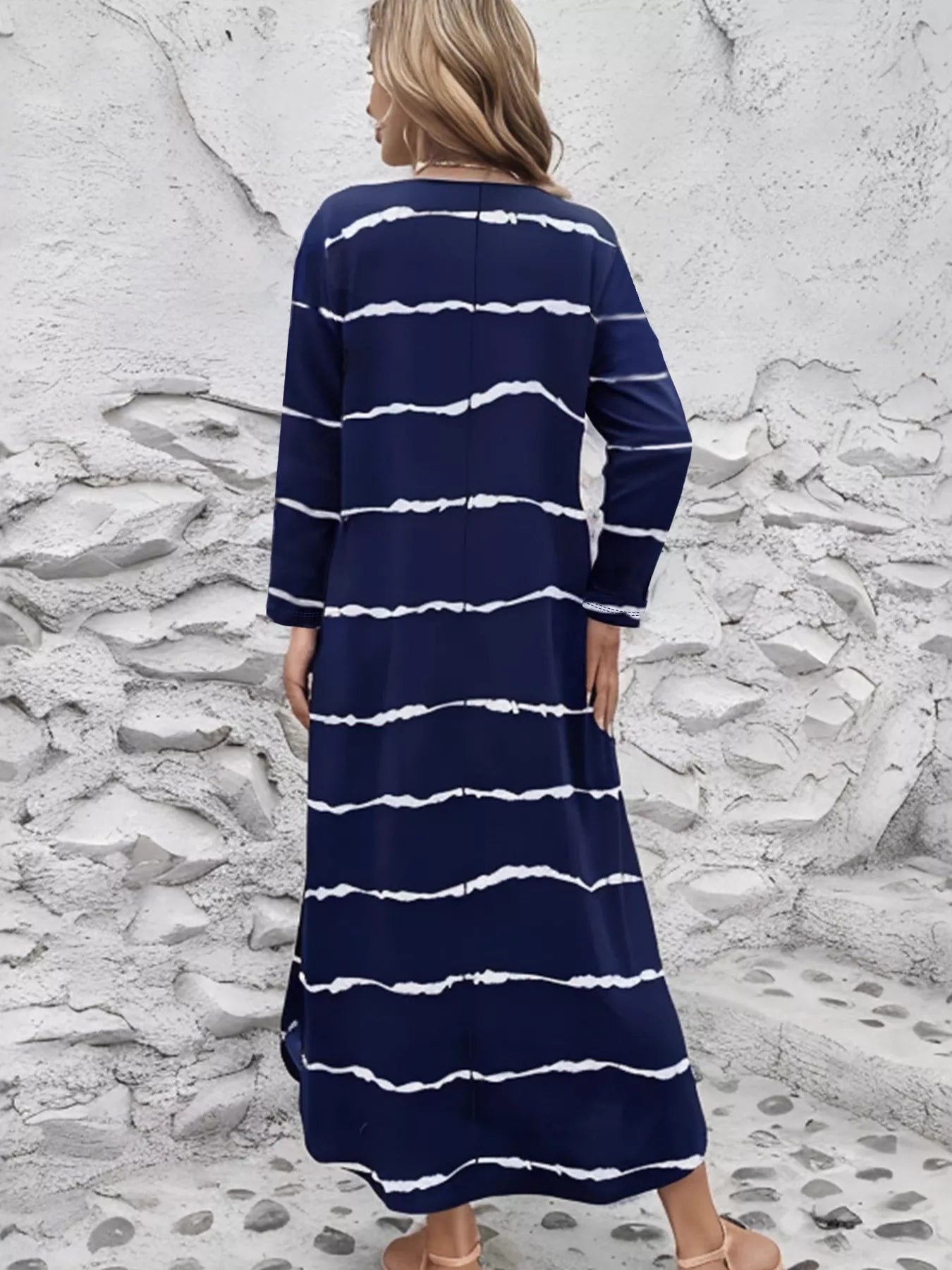 Striped V - Neck Long Sleeve Dress - Goddess Vibes