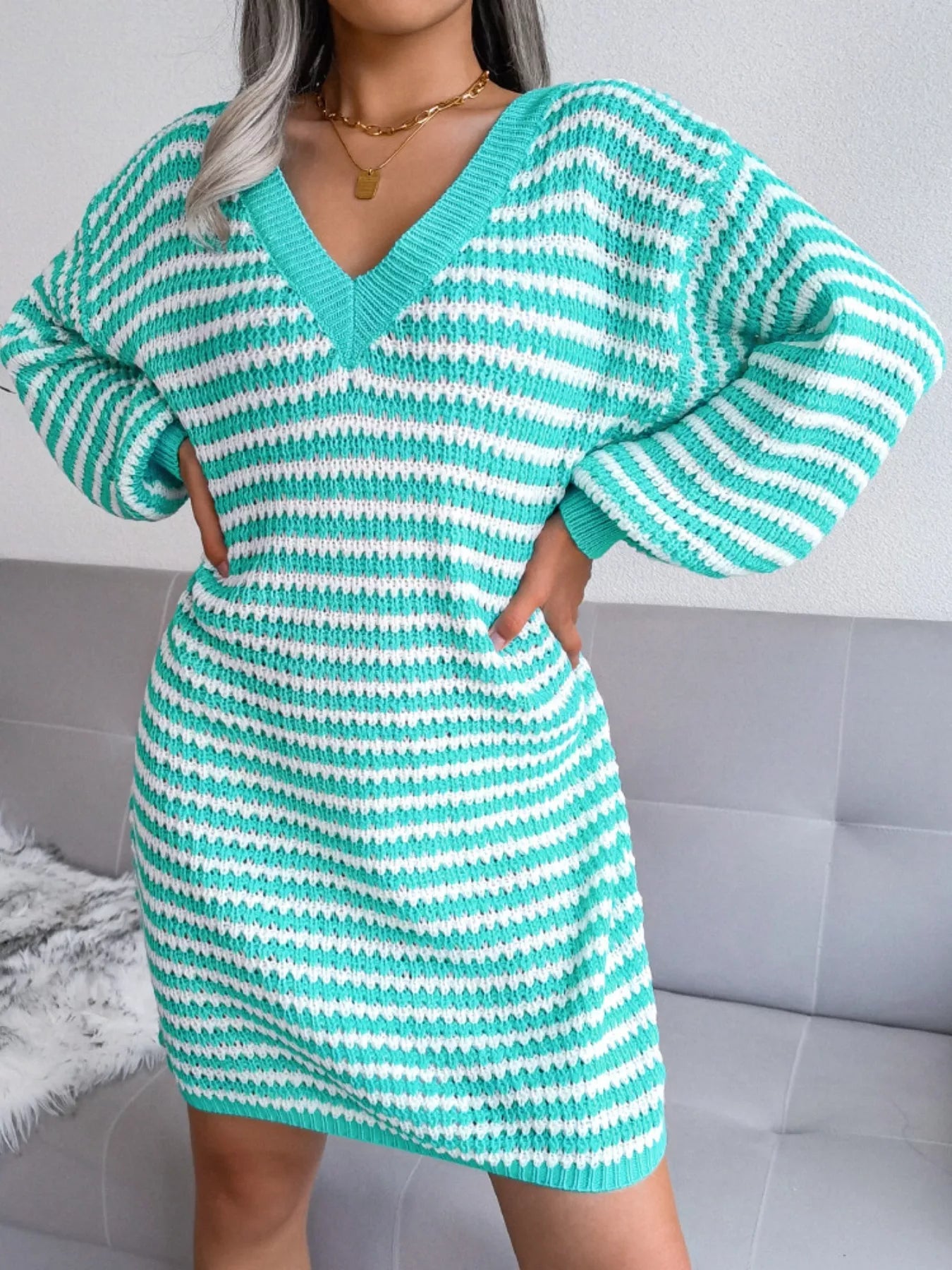 Striped V - Neck Long Sleeve Sweater Dress - Goddess Vibes