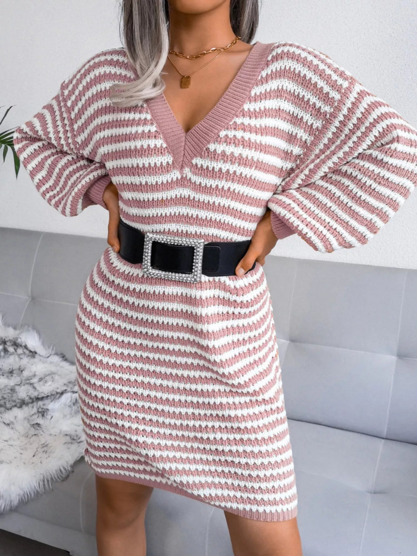 Striped V - Neck Long Sleeve Sweater Dress - Goddess Vibes