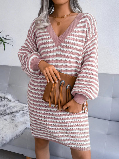 Striped V - Neck Long Sleeve Sweater Dress - Goddess Vibes